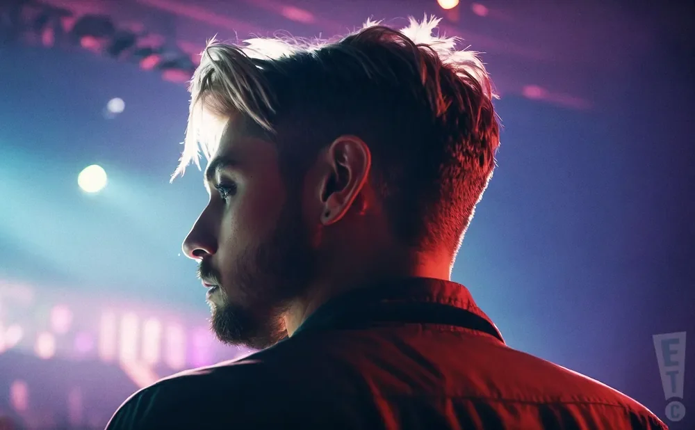 Man with blonde hair and beard in profile, lit by red and blue stage lights.