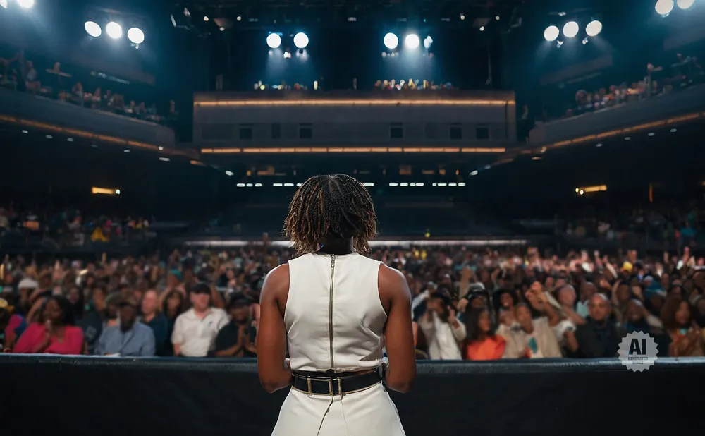 A woman stands facing a large, cheering crowd in a concert venue.