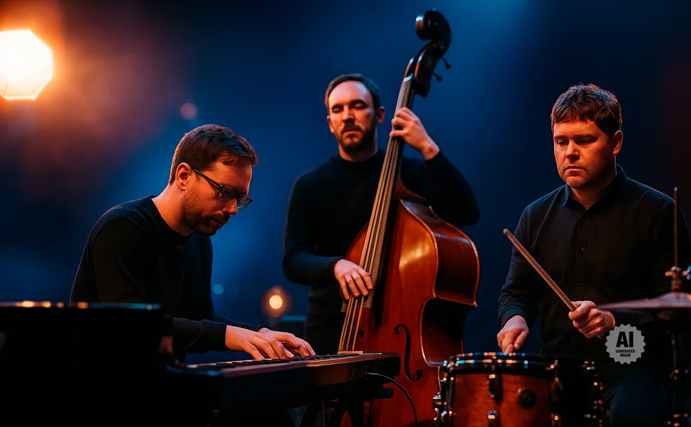 A jazz trio performs on stage: a pianist, a double bassist, and a drummer.