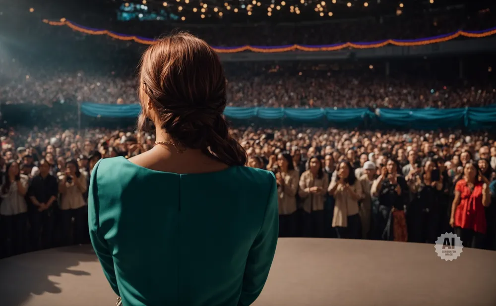 A woman in a teal dress stands facing a large, blurred crowd in a stadium.