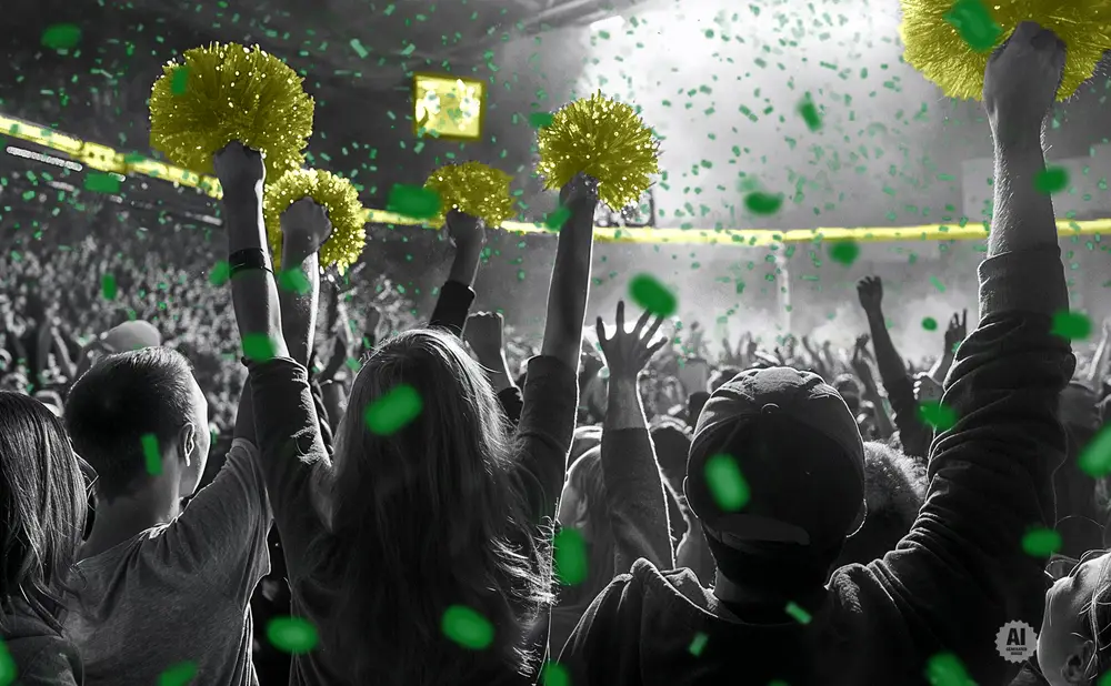 Crowd cheering at a concert, with people holding yellow pom-poms and green confetti falling.