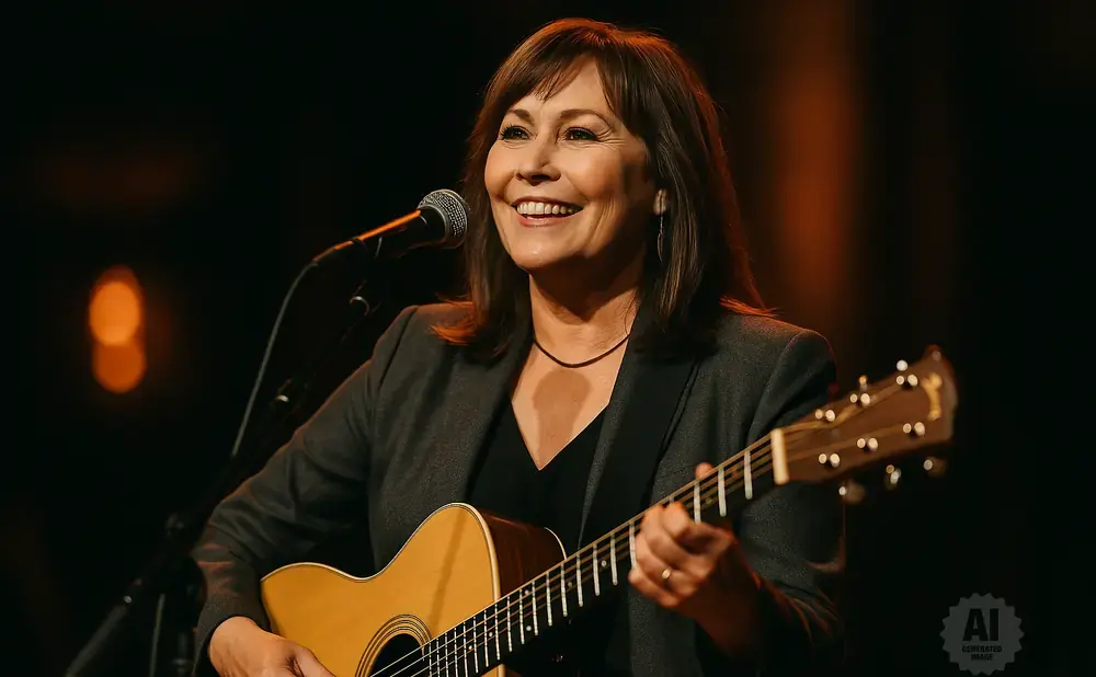 A woman with brown hair smiles while playing an acoustic guitar and singing into a microphone.