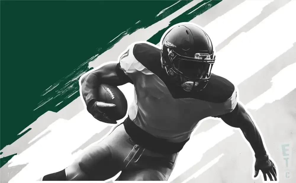 A black and white image of a football player running with a ball, with green and white abstract shapes in the background.