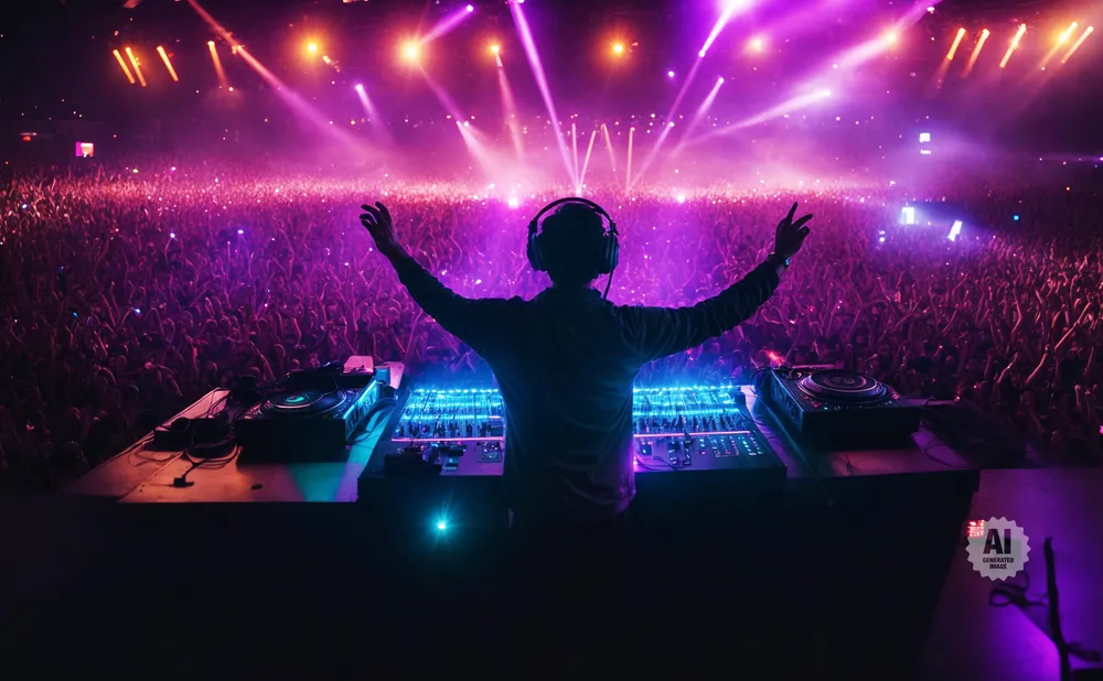 DJ with headphones and hands raised over a mixing board at a vibrant concert with a cheering crowd and purple lighting.