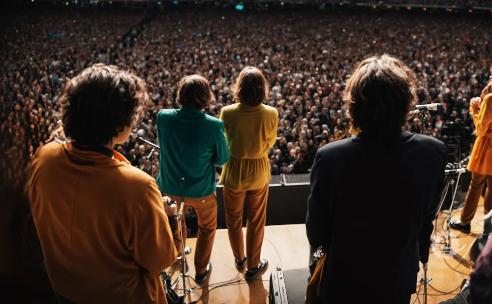 Musicians in colorful outfits perform on stage for a large, cheering crowd.
