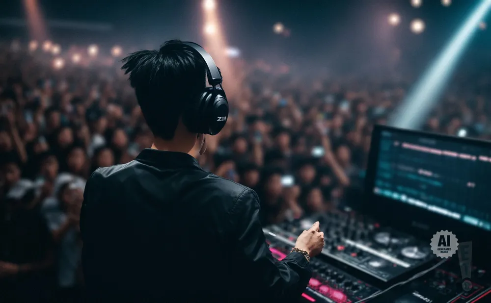 DJ in headphones plays music for a cheering crowd, with a laptop and soundboard in the foreground.