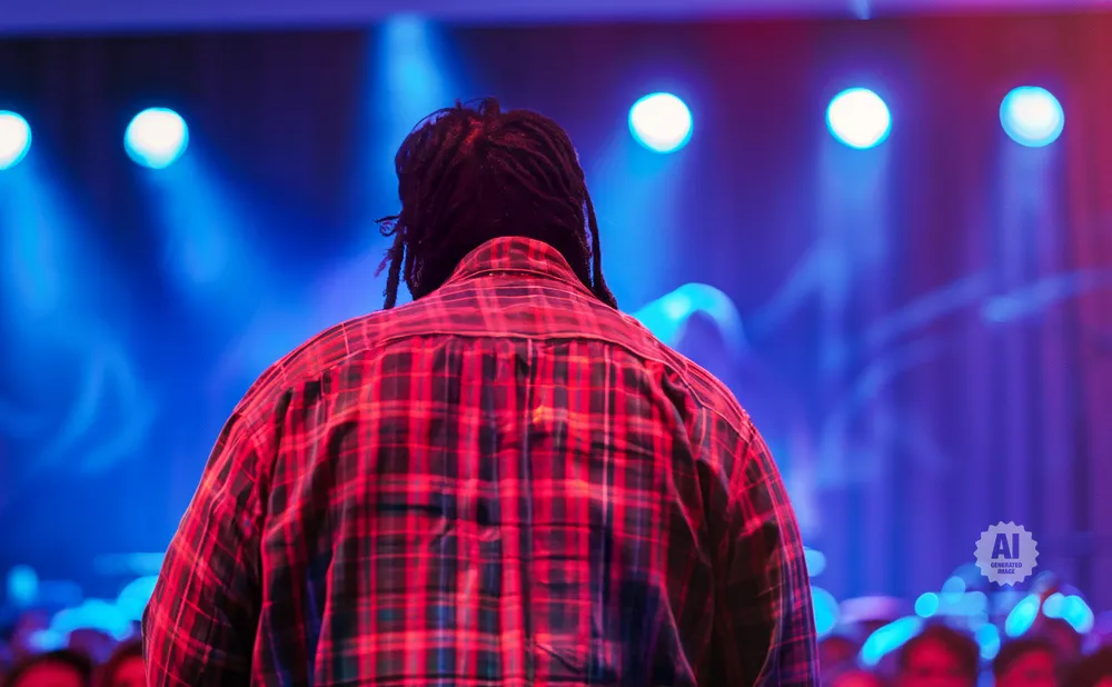 Back view of a person with dreadlocks wearing a red and black plaid shirt, facing bright blue stage lights at a concert.