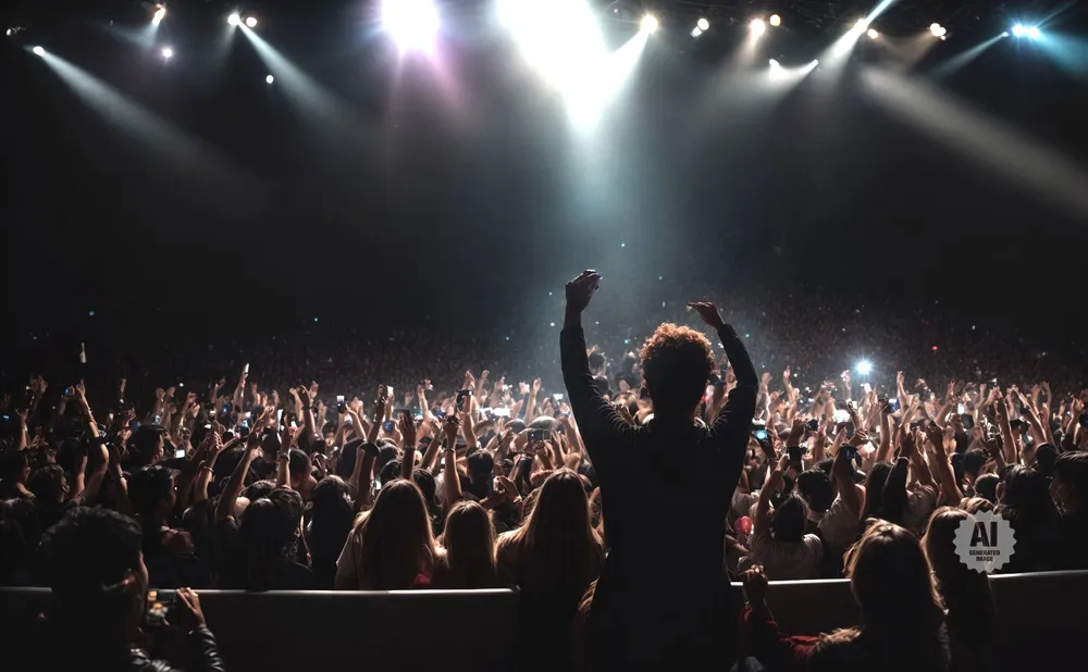 A performer with arms raised stands facing a cheering crowd at a concert, illuminated by stage lights.