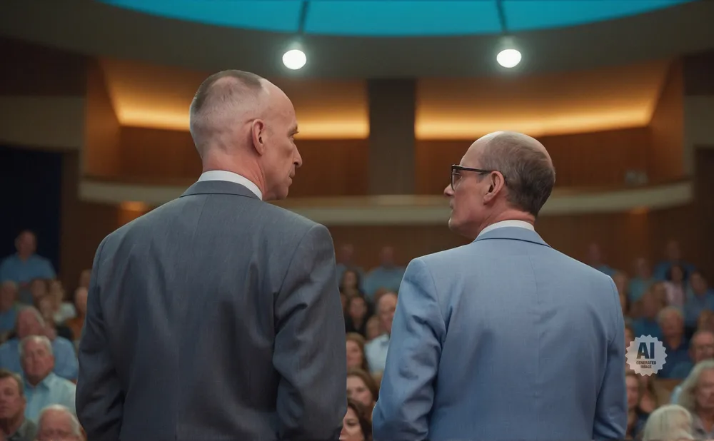 Two bald men in suits face each other in an auditorium, with an audience blurred in the background.