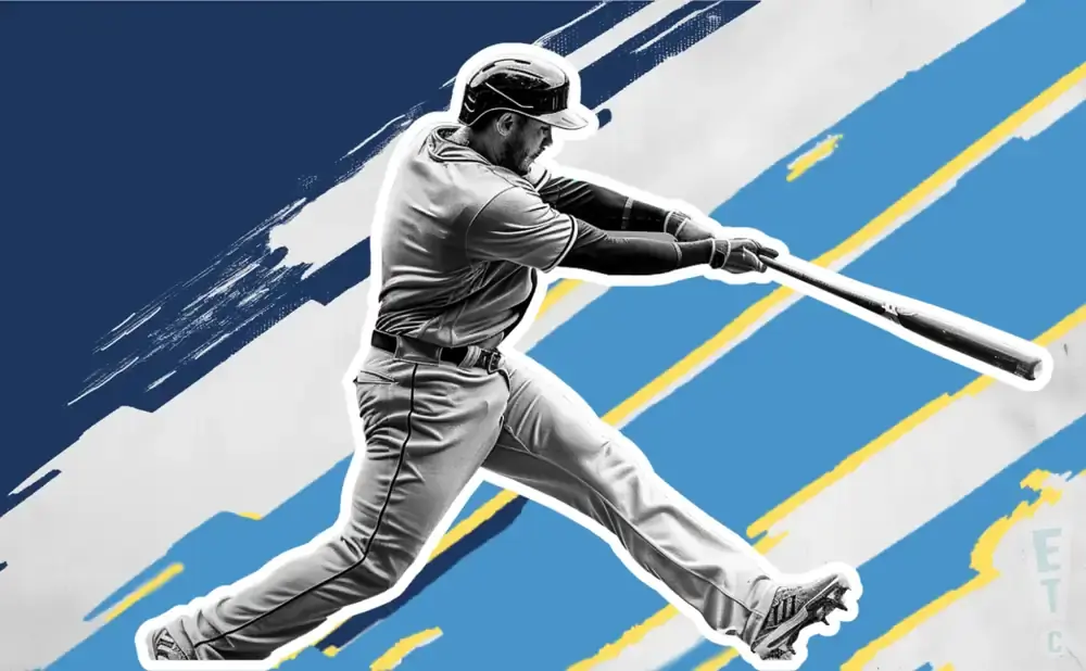 A baseball player swings a bat against a blue and white background with yellow stripes.