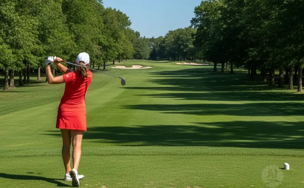 Golfer in red dress swings club on a sunny golf course with trees and sand traps.