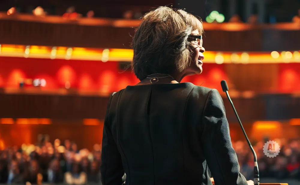 Woman in a black jacket speaks at a microphone in front of a blurred audience and stage lights.