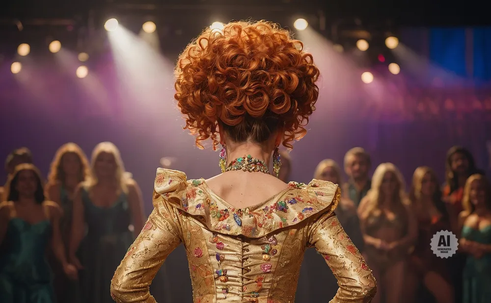 Woman with voluminous curly red hair, wearing a gold ornate dress, facing away from camera on a stage with blurred figures behind her.