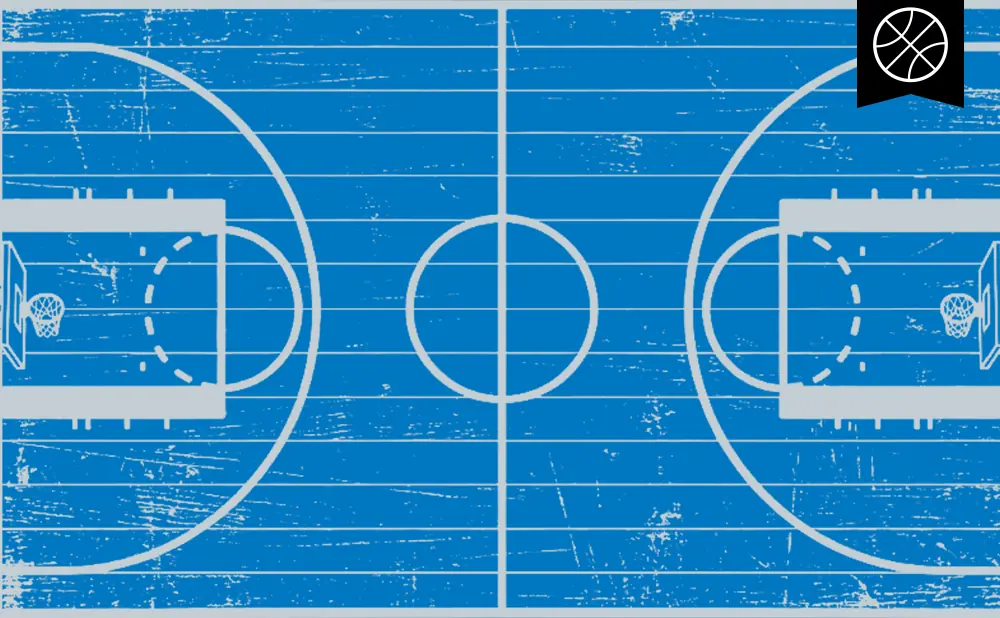 A blueprint of a basketball court with a basketball icon in the top right corner.