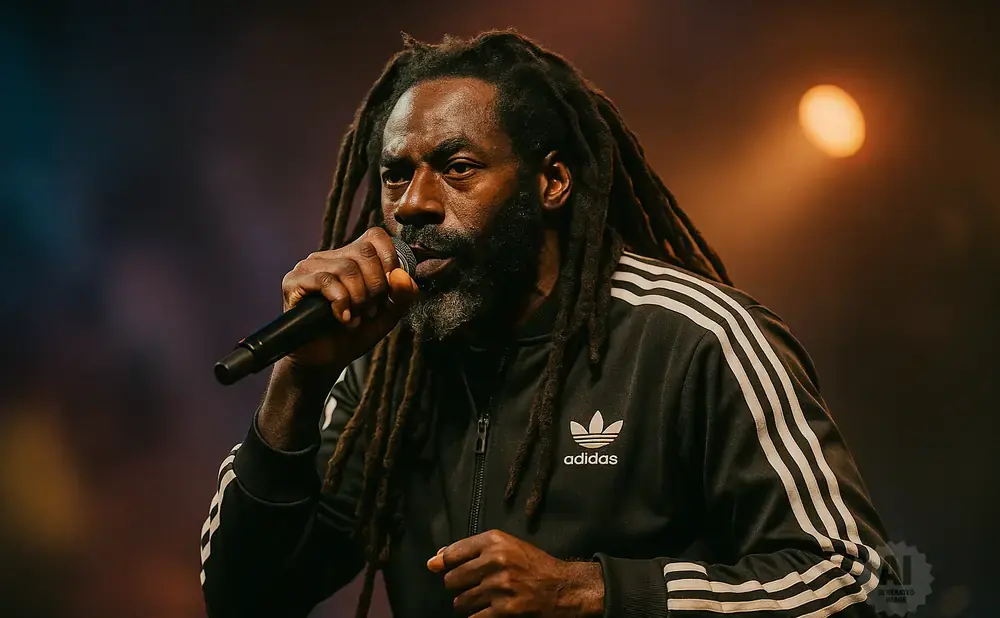 A man with dreadlocks and a beard sings into a microphone, wearing an Adidas jacket.