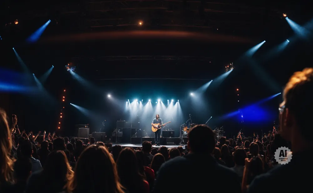 A musician plays guitar on a brightly lit stage in front of a large audience.
