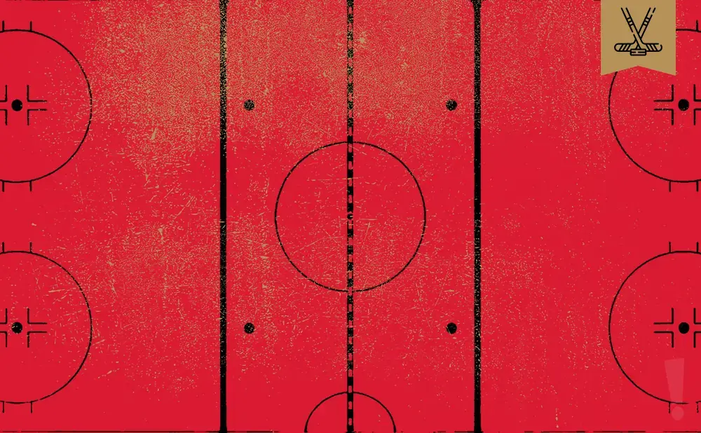 Red hockey rink with lines, circles, and hockey sticks graphic in the upper right corner.