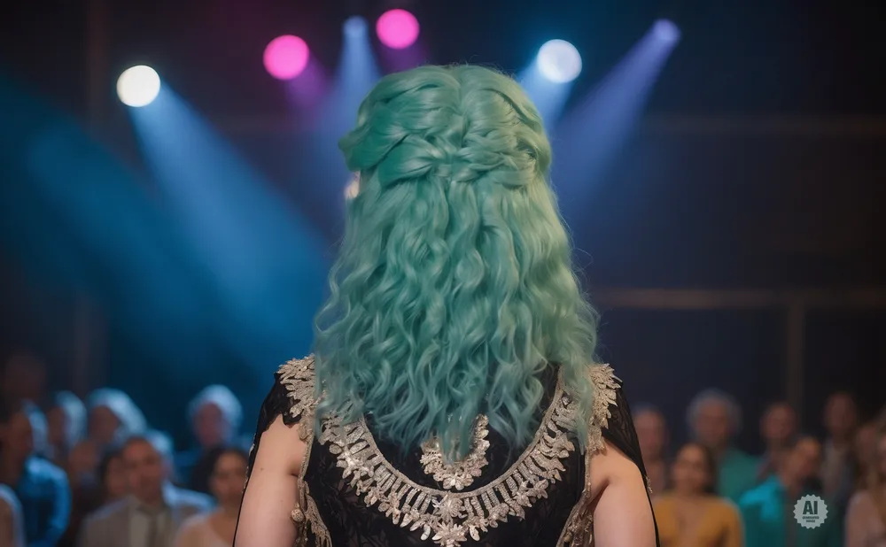 Woman with teal hair and ornate black dress stands on stage with audience and colorful lights.