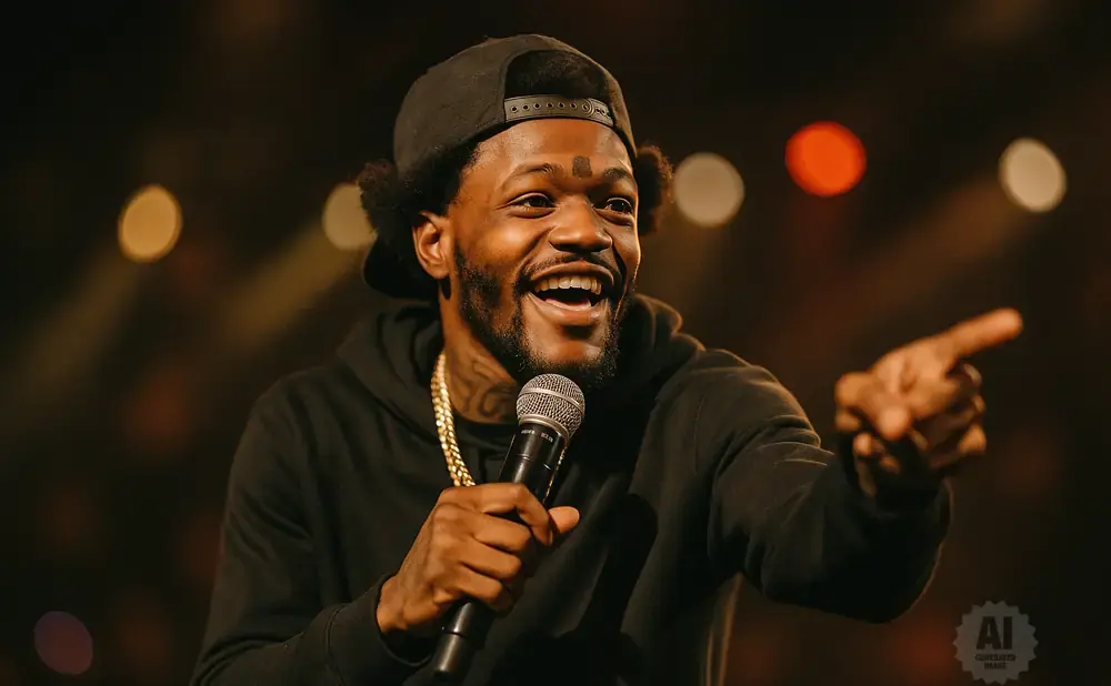 A smiling man in a black hoodie and baseball cap holds a microphone and points.