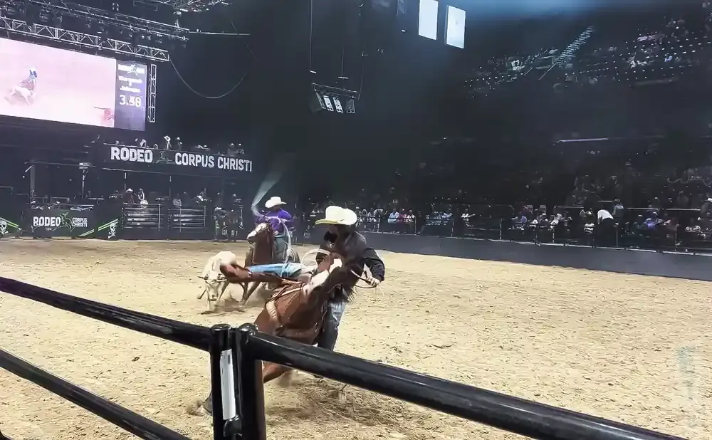 Rodeo riders on horseback in an arena, with a large screen displaying scores and crowd seating in the background.