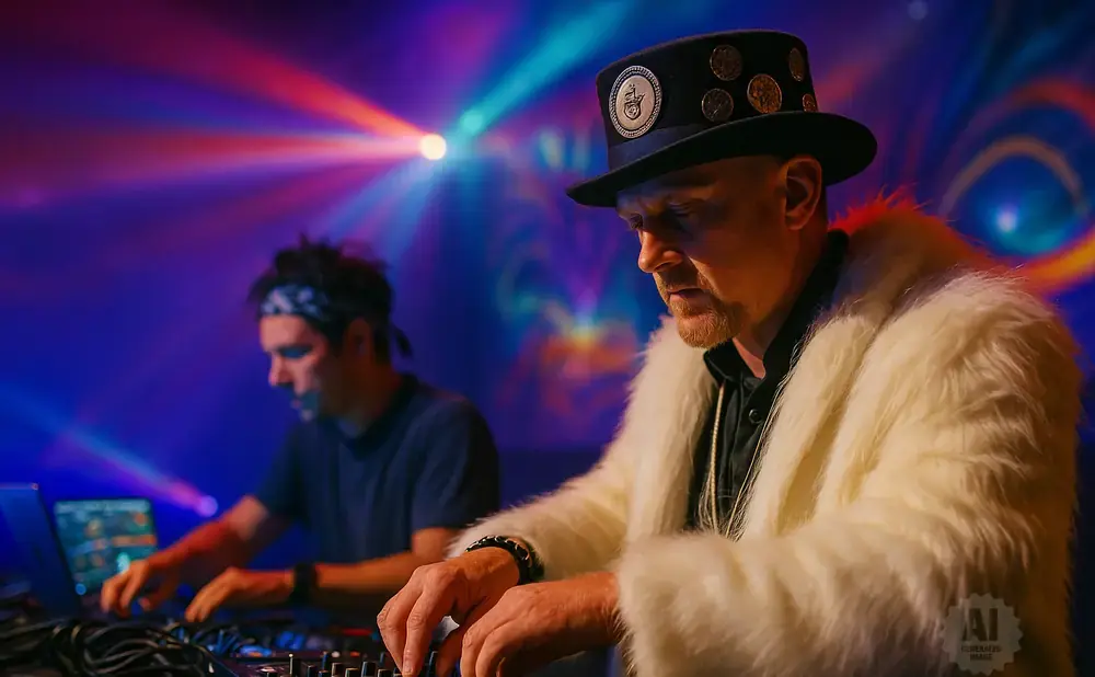 Two DJs performing in a club with colorful lights and a man in a white fur coat and top hat.