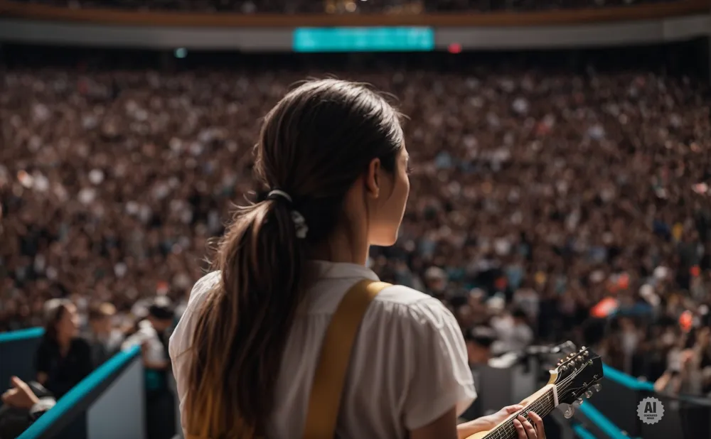 Musician playing a guitar on stage in front of a large, cheering crowd.