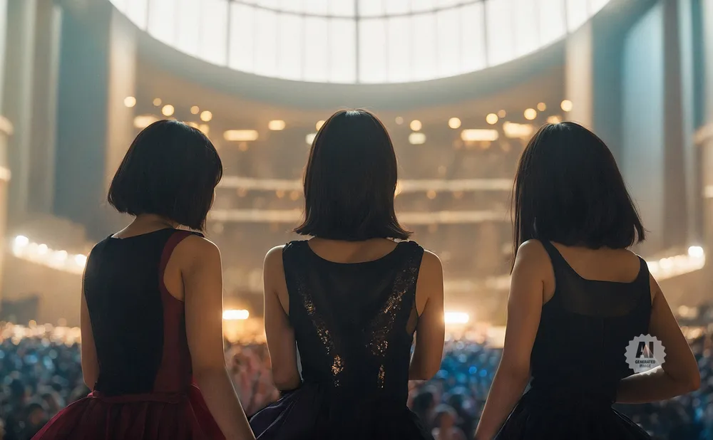 Three women from behind in dark dresses stand on a stage facing a large audience.