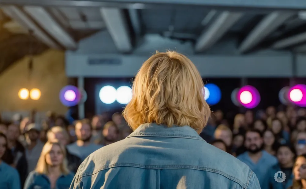 Back of a person with blond hair in a denim jacket, facing a blurred crowd and bright lights.