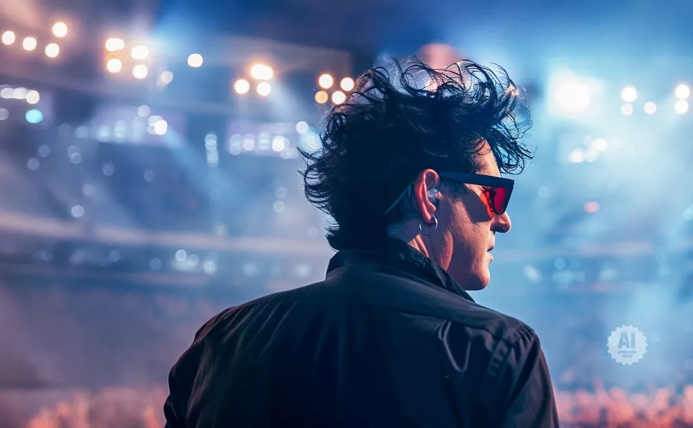 Man with dark spiky hair and red sunglasses on stage at a concert.