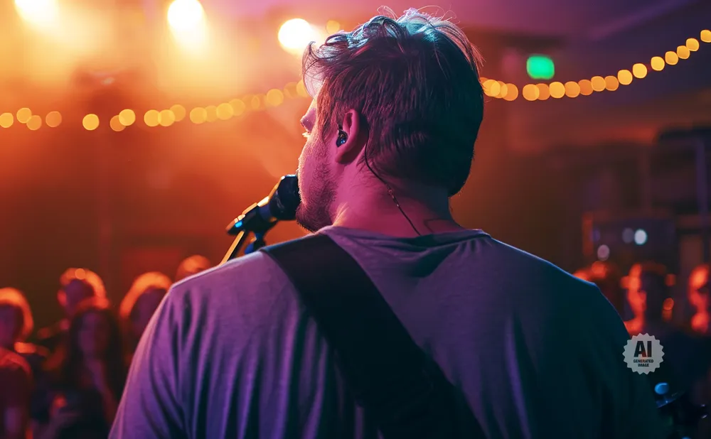 Man singing into a microphone on a stage with warm lights and bokeh in the background.