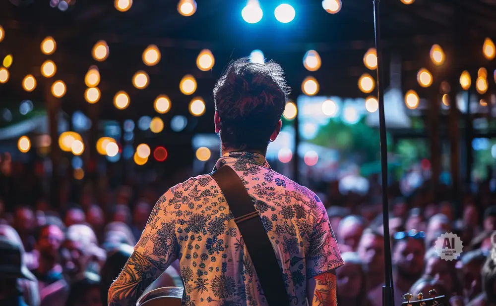 A musician with a floral shirt and guitar strap plays for a blurred crowd under string lights.