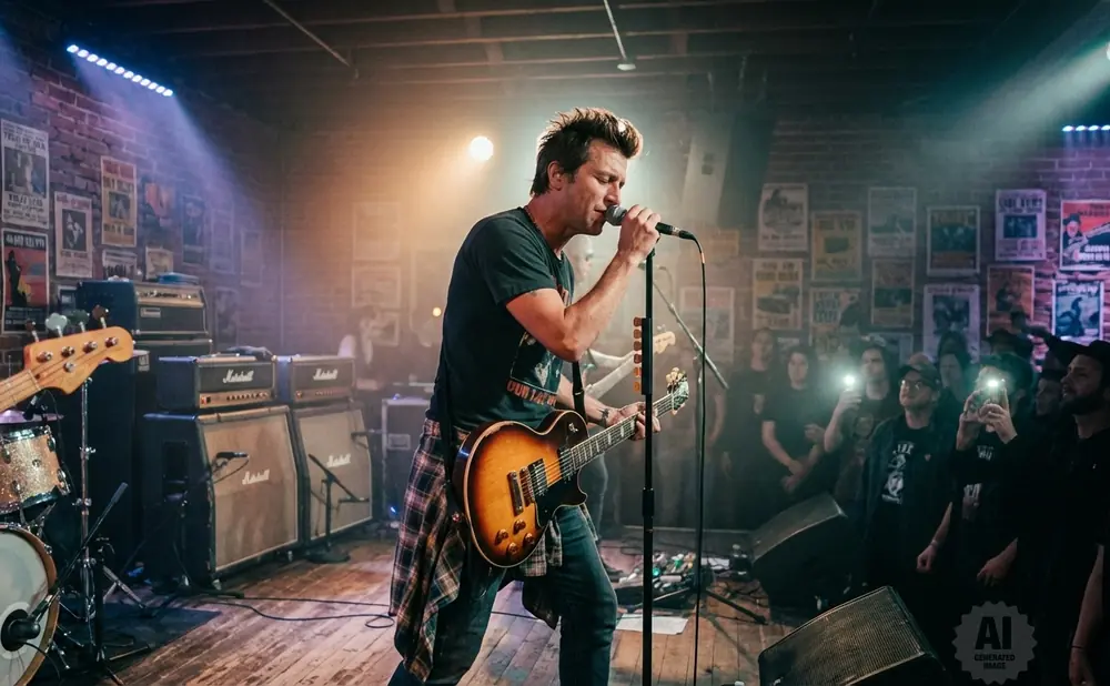 A male singer-guitarist performs on stage with his band, bathed in stage lights, as a crowd watches and records.