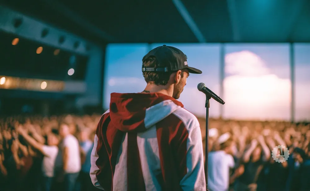 A person in a red and white hoodie and baseball cap stands facing away from the camera, speaking into a microphone at a concert.