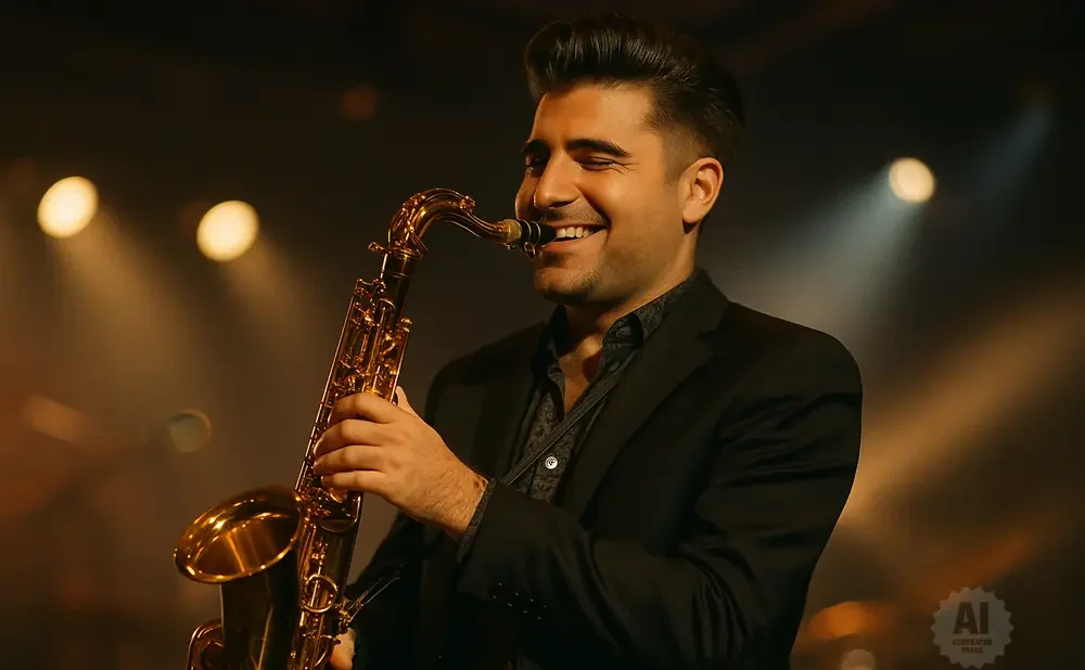 A man in a suit smiles while playing a saxophone.