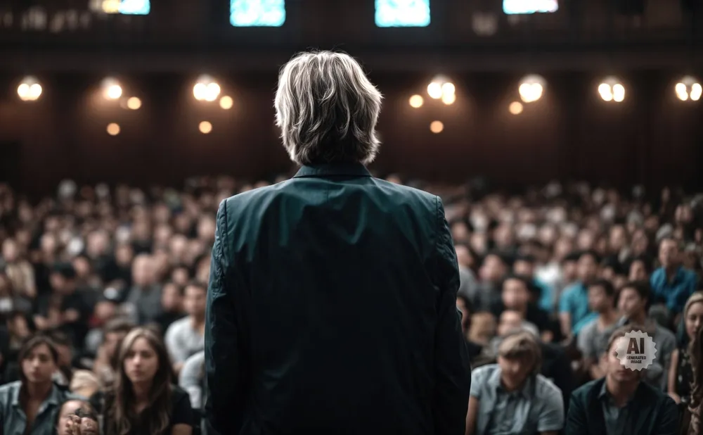 A person with blonde hair stands with their back to the camera, facing a large audience in a dimly lit room.