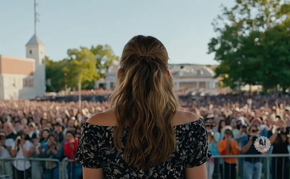 Woman in off-the-shoulder dress facing a large, cheering crowd outdoors.