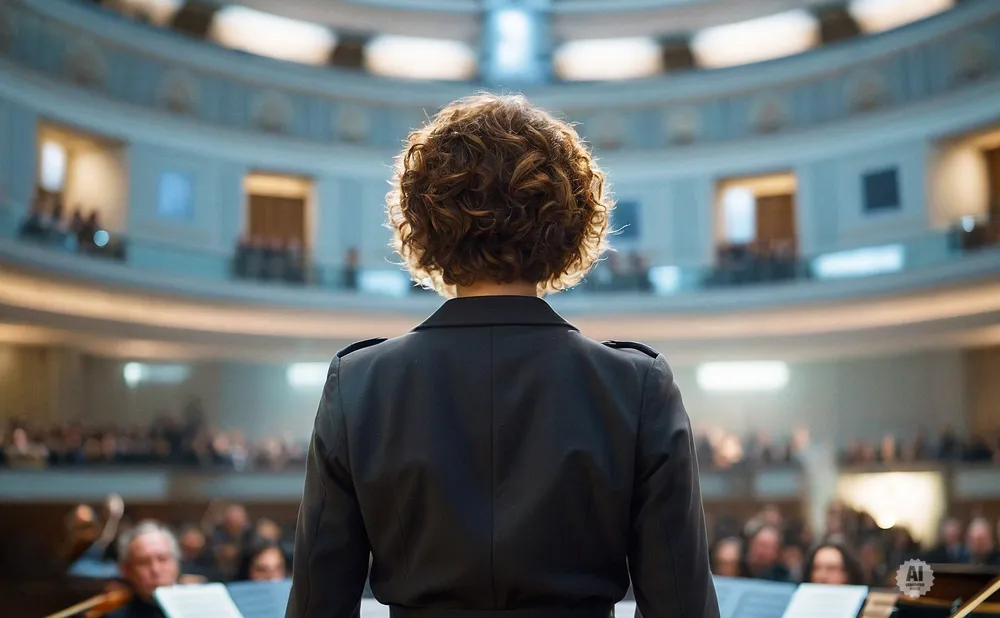 Conductor with curly hair faces an orchestra and audience in a grand concert hall.