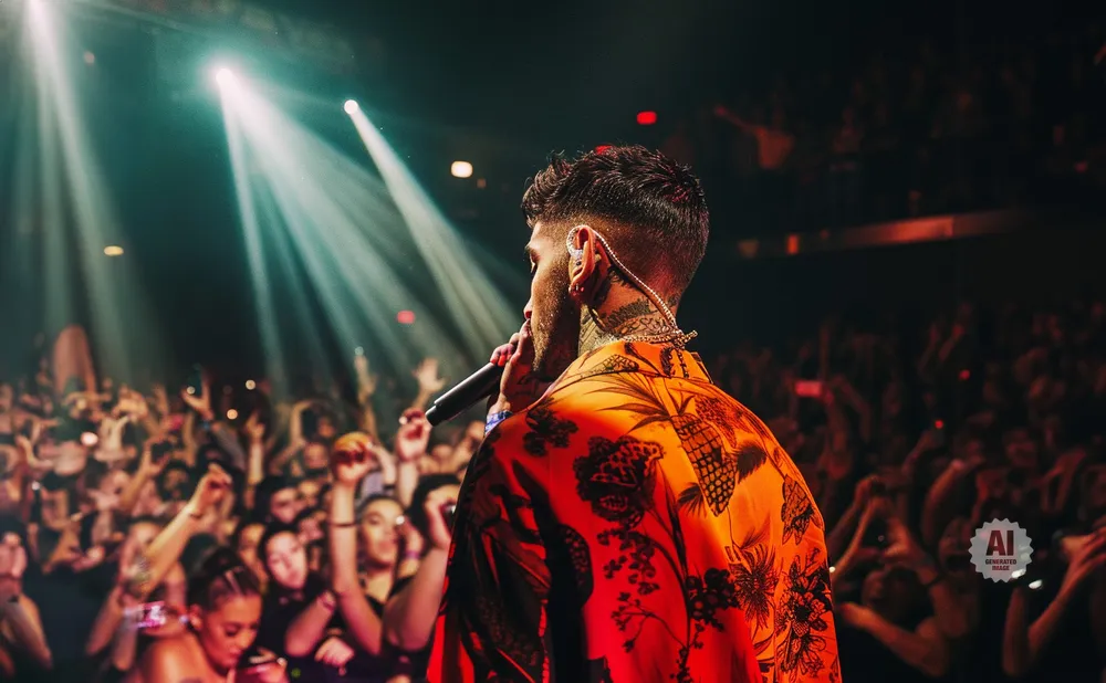 A performer sings into a microphone on a stage, illuminated by spotlights, with a cheering crowd visible in the background.
