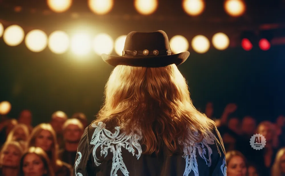 A performer with a cowboy hat and long blonde hair faces away from the camera on a stage, with a blurred audience in the background.
