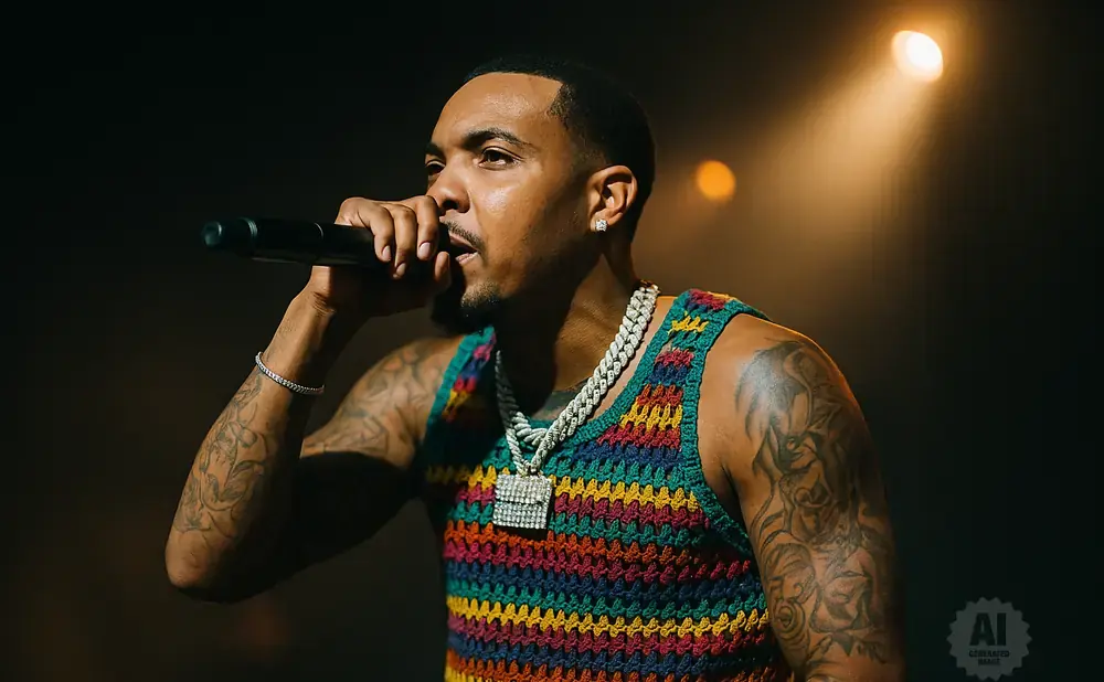 A man with tattoos on his arms wears a colorful crochet tank top and jewelry while singing into a microphone under stage lights.