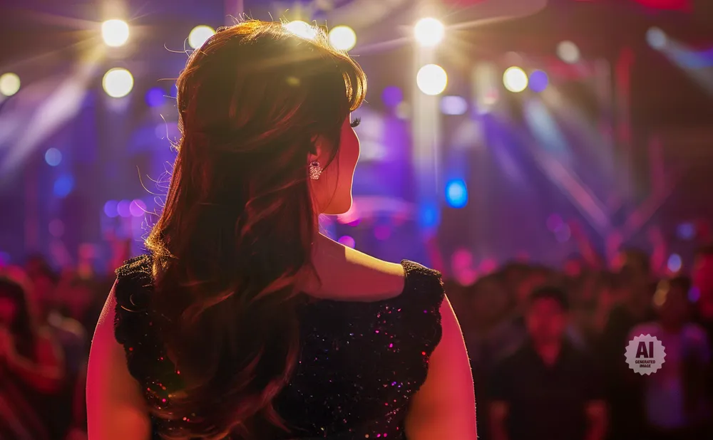 Woman in a sparkly black dress facing away from the camera, bathed in colorful stage lights.