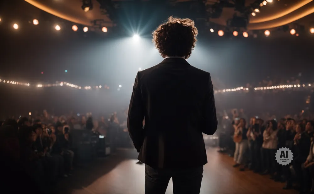 Man with curly hair in a black suit on stage facing a cheering audience under bright lights.
