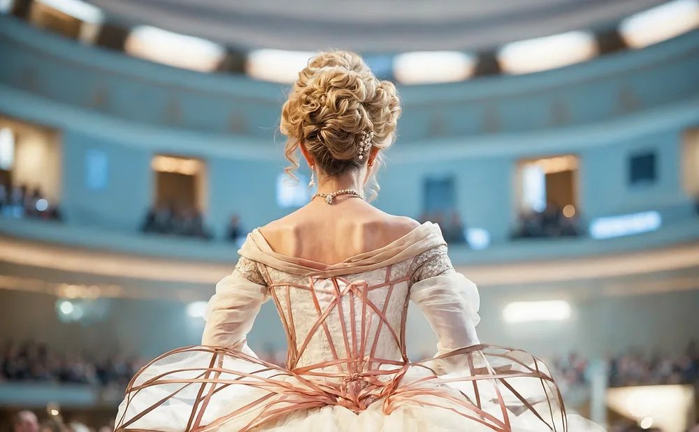 Woman in elaborate ball gown and updo, facing away from camera in a grand hall.