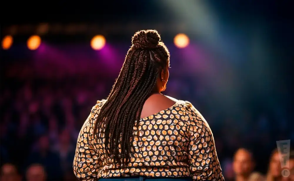A woman with braided hair in a bun stands facing away from the camera, wearing a patterned shirt on a brightly lit stage.