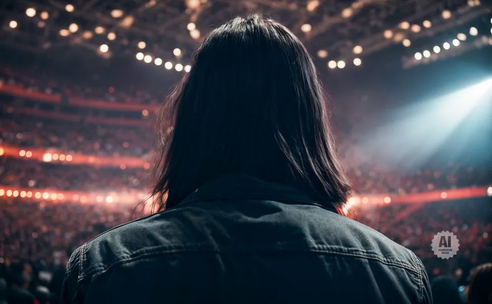 A person with long, dark hair in a denim jacket looks out at a brightly lit stadium crowd.