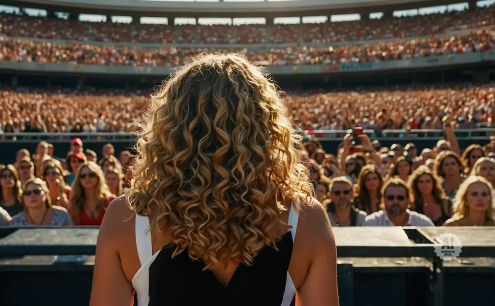 A woman with curly blonde hair performs on stage in front of a large stadium crowd.