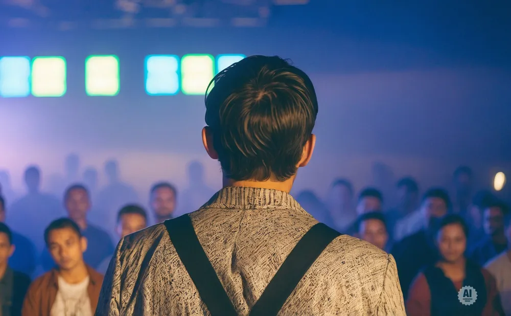 A man stands with his back to the camera, facing a crowd in a smoky room lit by colorful lights.