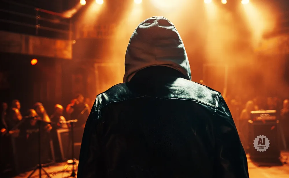Man in a black leather jacket and hoodie on a stage, facing away from the camera, with a crowd and stage lights in the background.