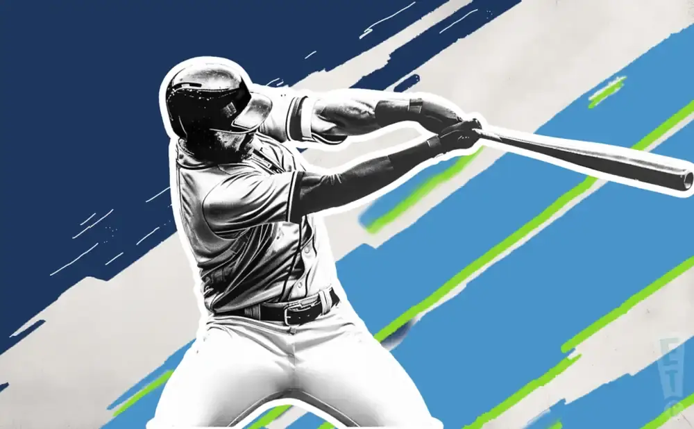 A baseball player in mid-swing against a vibrant blue and green background.