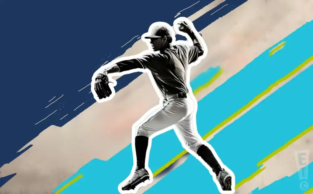 A baseball pitcher in mid-throw, depicted with a stylized, graphic background.